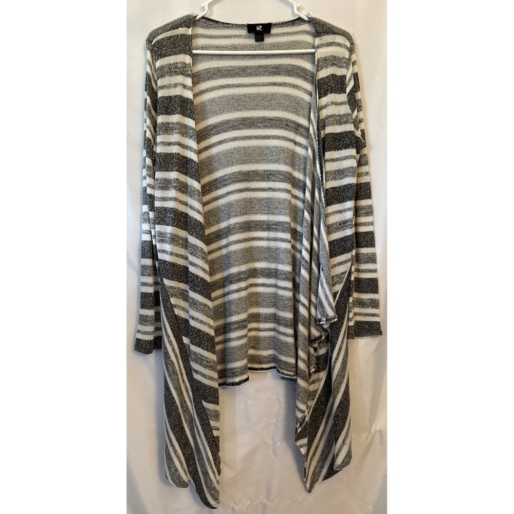 Iz Byer Women's Cardigan Sweater Gray Striped Long Sleeve Open Front Waterfall S